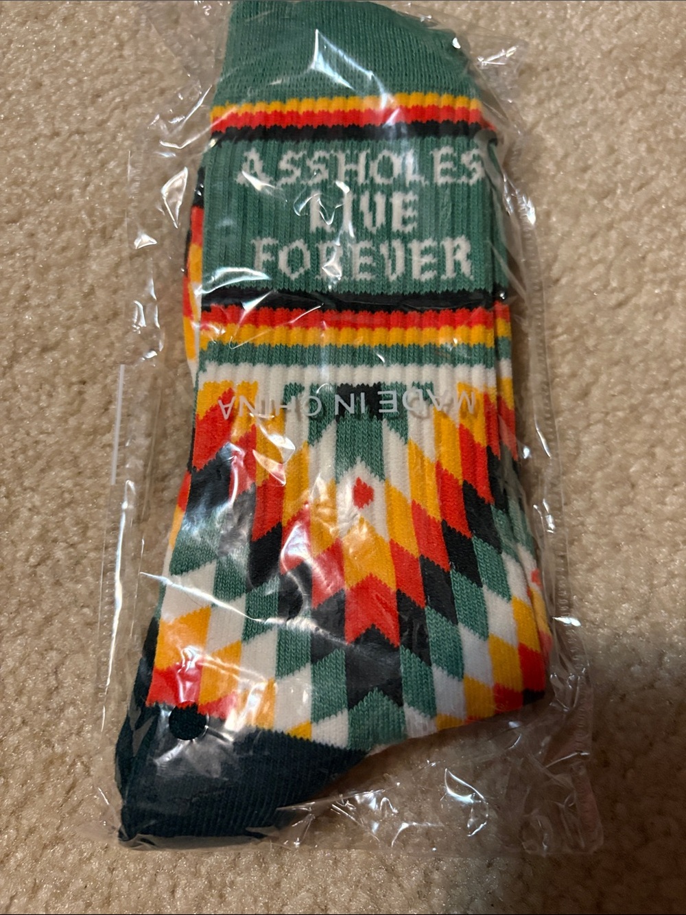 Green Argyle Pattern Crew Socks with Multicolor Accents